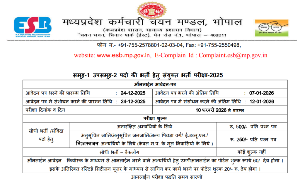 Official Noticication MPESB Group-1 & Group-2 Recruitment 2025
